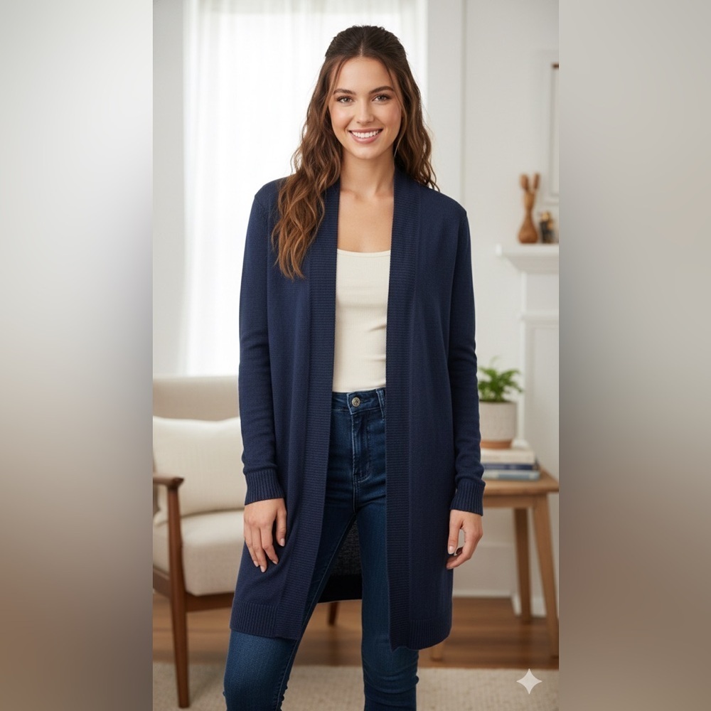 NWT Charter Club Cardigan 1X-14-16W Blue Intrepid 100% Linen Longline Open Front